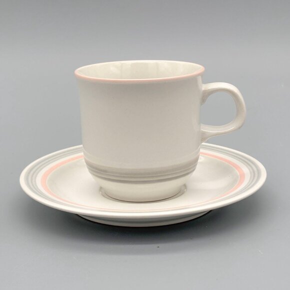 Vintage Japanese Stoneware Pink Rim Coffee Cups And Saucers Set Of 4 Soft Tone - Picture 3 of 7